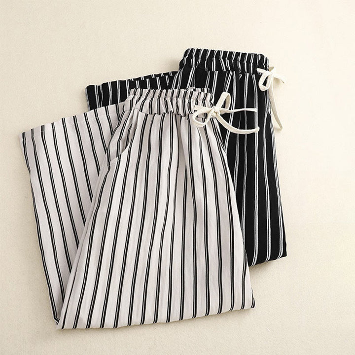 Spodnie damskie Buddha Stones Casual Acrylic Stripe Lace-up z szerokimi nogawkami i kieszeniami