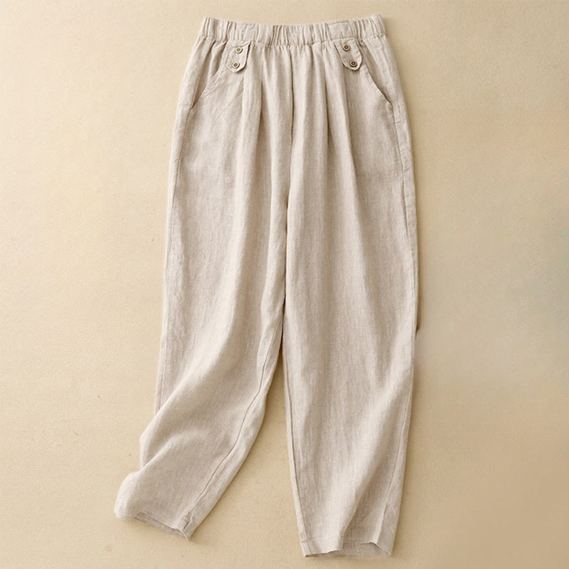 Buddha Stones Lato Gładkie Swobodne 7-8 Długość Guziki Damskie Bawełniane Lniane Spodnie Harem Z Kieszeniami - Beżowy - US8-10，UK/AU12-14，EU40-42 (2XL) - image 10