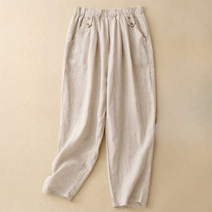 Buddha Stones Lato Gładkie Swobodne 7-8 Długość Guziki Damskie Bawełniane Lniane Spodnie Harem Z Kieszeniami - Beżowy - US8-10，UK/AU12-14，EU40-42 (2XL) - image 10