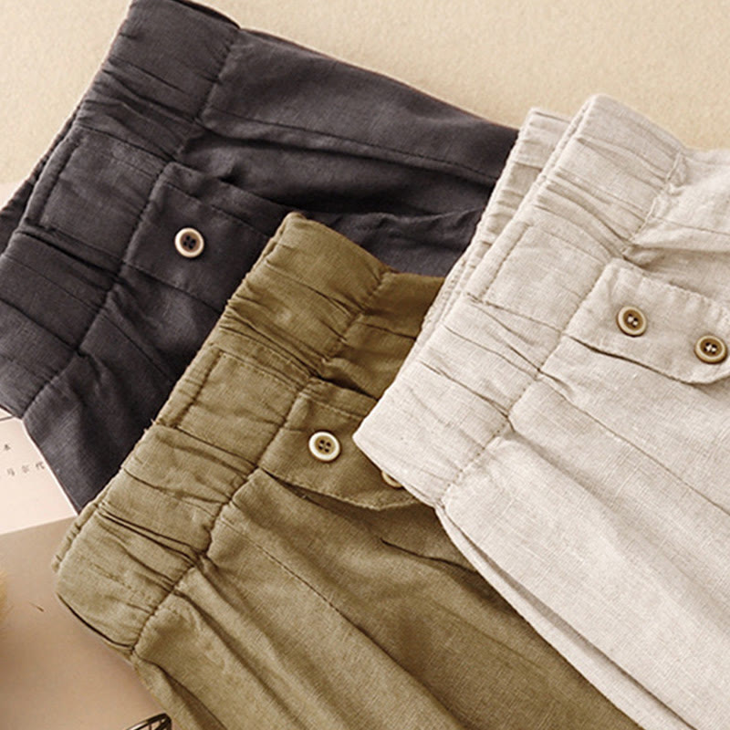 Buddha Stones Lato Gładkie Swobodne 7-8 Długość Guziki Damskie Bawełniane Lniane Spodnie Harem Z Kieszeniami - image 20