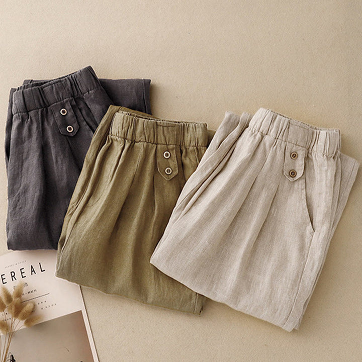 Buddha Stones Lato Gładkie Swobodne 7-8 Długość Guziki Damskie Bawełniane Lniane Spodnie Harem Z Kieszeniami - image 21