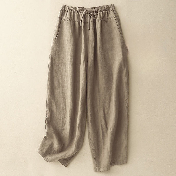 Buddha Stones Letnie Proste Swobodne 7-8 Długość Sznurowane Damskie Bawełniane Lniane Spodnie Harem Z Kieszeniami - Dębnik - US8-10，UK/AU12-14，EU40-42 (2XL) - image 0