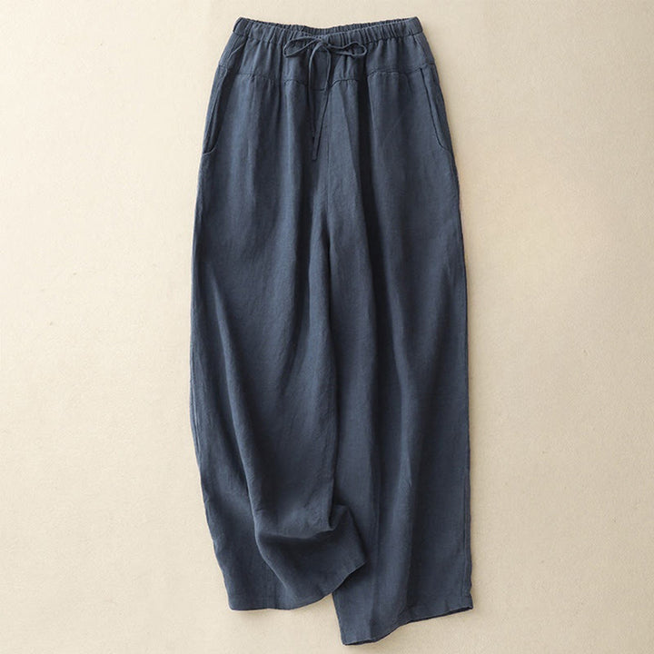 Buddha Stones Letnie Proste Swobodne 7-8 Długość Sznurowane Damskie Bawełniane Lniane Spodnie Harem Z Kieszeniami - Ciemnoniebieski - US8-10，UK/AU12-14，EU40-42 (2XL) - image 10