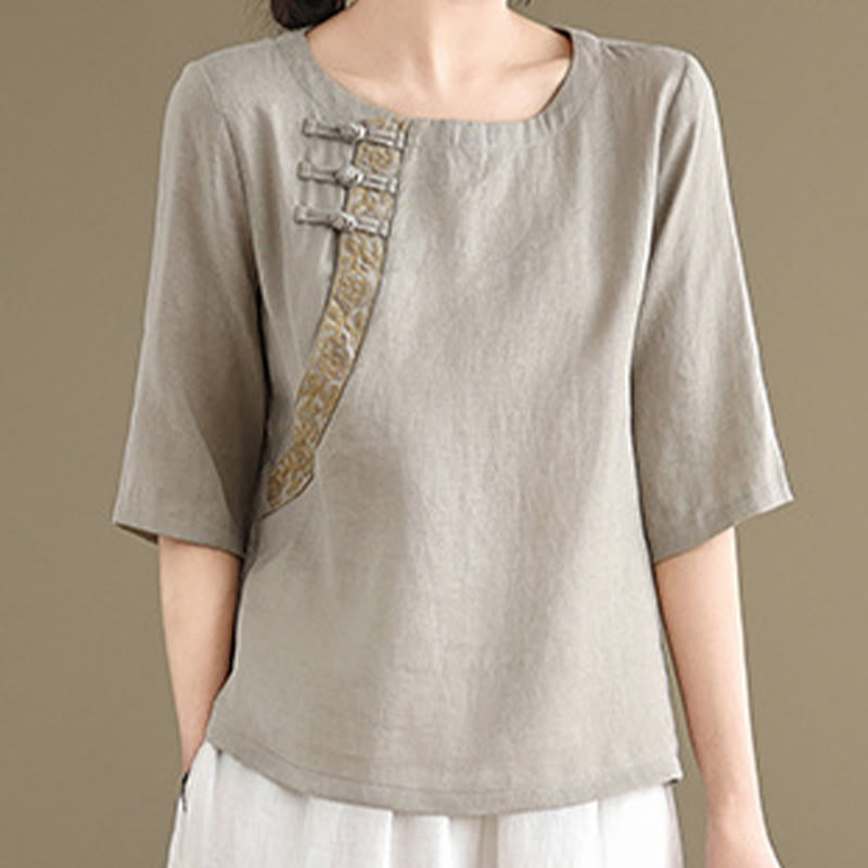 Koszula damska Buddha Stones Casual haftowana z kwiatowym wzorem, żaba-guzik, okrągły dekolt, półrękaw, bawełna, len - image 3