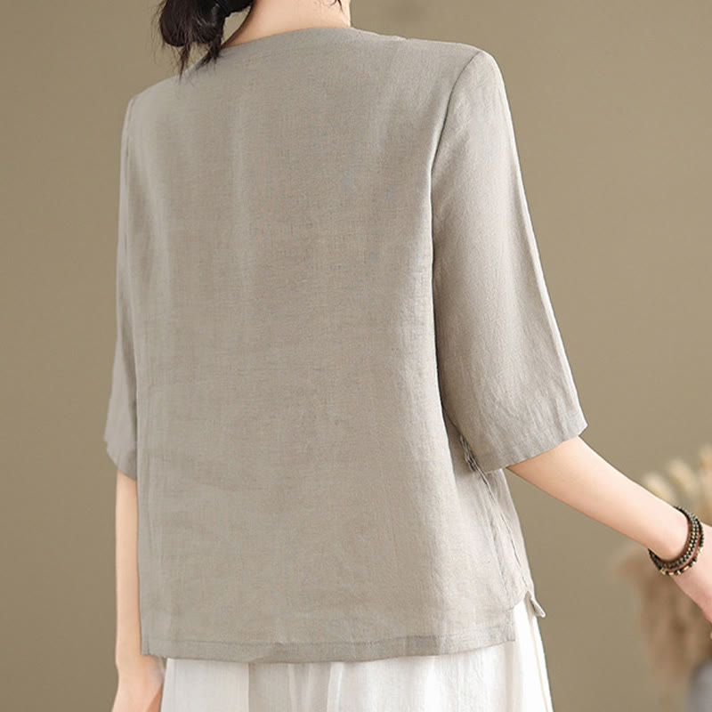 Koszula damska Buddha Stones Casual haftowana z kwiatowym wzorem, żaba-guzik, okrągły dekolt, półrękaw, bawełna, len - image 2