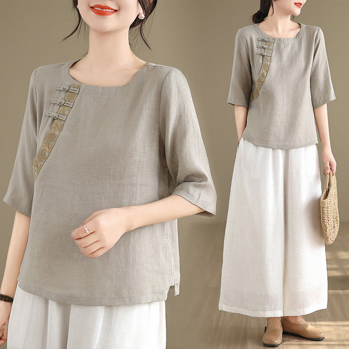 Koszula damska Buddha Stones Casual haftowana z kwiatowym wzorem, żaba-guzik, okrągły dekolt, półrękaw, bawełna, len - image 6