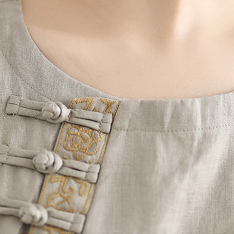 Koszula damska Buddha Stones Casual haftowana z kwiatowym wzorem, żaba-guzik, okrągły dekolt, półrękaw, bawełna, len - image 7