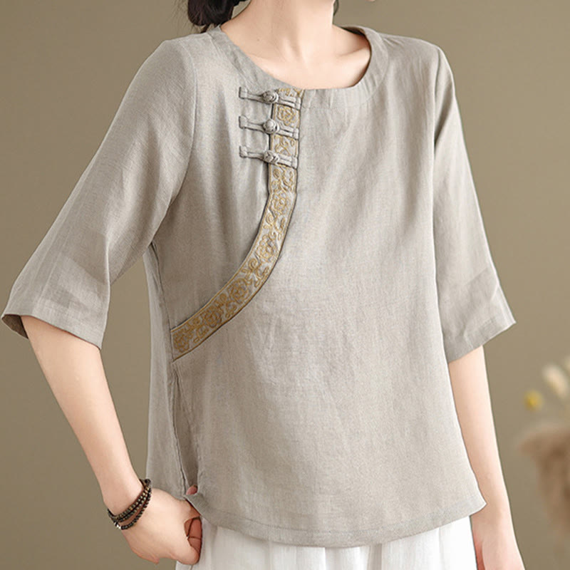 Koszula damska Buddha Stones Casual haftowana z kwiatowym wzorem, żaba-guzik, okrągły dekolt, półrękaw, bawełna, len - image 1