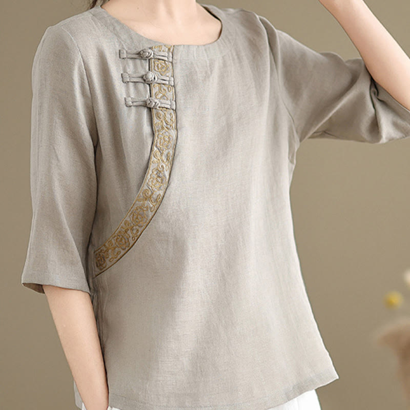 Koszula damska Buddha Stones Casual haftowana z kwiatowym wzorem, żaba-guzik, okrągły dekolt, półrękaw, bawełna, len - image 4