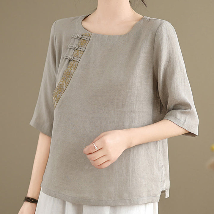 Koszula damska Buddha Stones Casual haftowana z kwiatowym wzorem, żaba-guzik, okrągły dekolt, półrękaw, bawełna, len - image 5