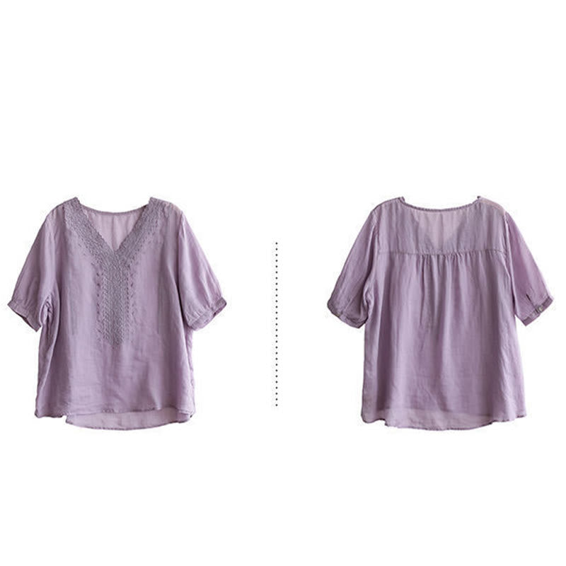 Buddha Stones Letni swobodny haftowany wzór Damska koszulka z dekoltem w serek Półrękaw bawełniany lniany - image 5