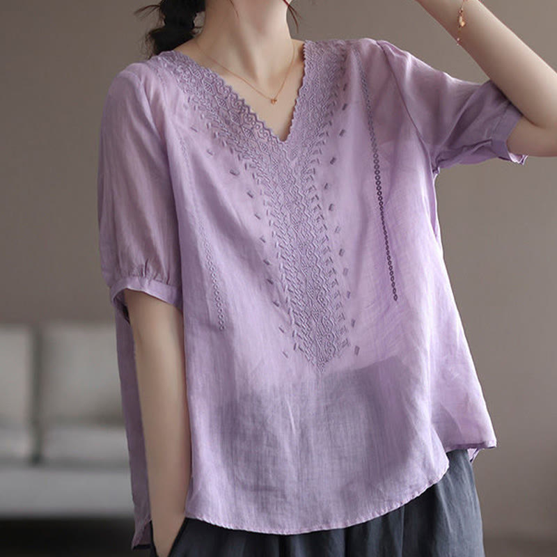 Buddha Stones Letni swobodny haftowany wzór Damska koszulka z dekoltem w serek Półrękaw bawełniany lniany - Śliwka - US8-10，UK/AU12-14，EU40-42 (2XL) - image 0