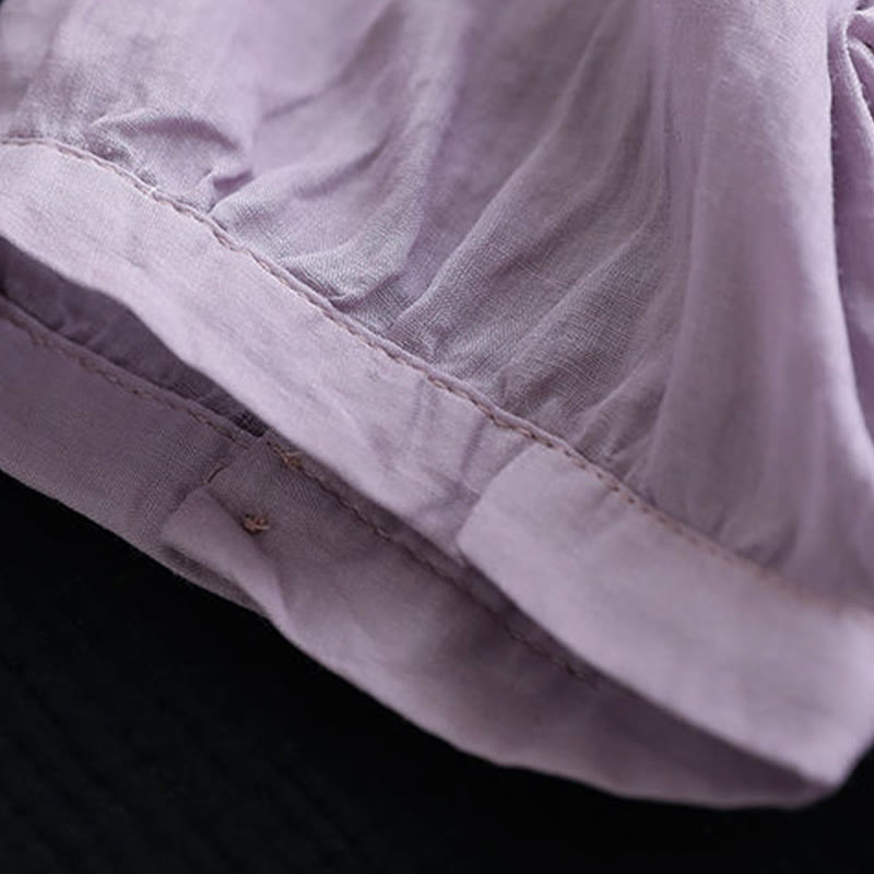 Buddha Stones Letni swobodny haftowany wzór Damska koszulka z dekoltem w serek Półrękaw bawełniany lniany - image 1