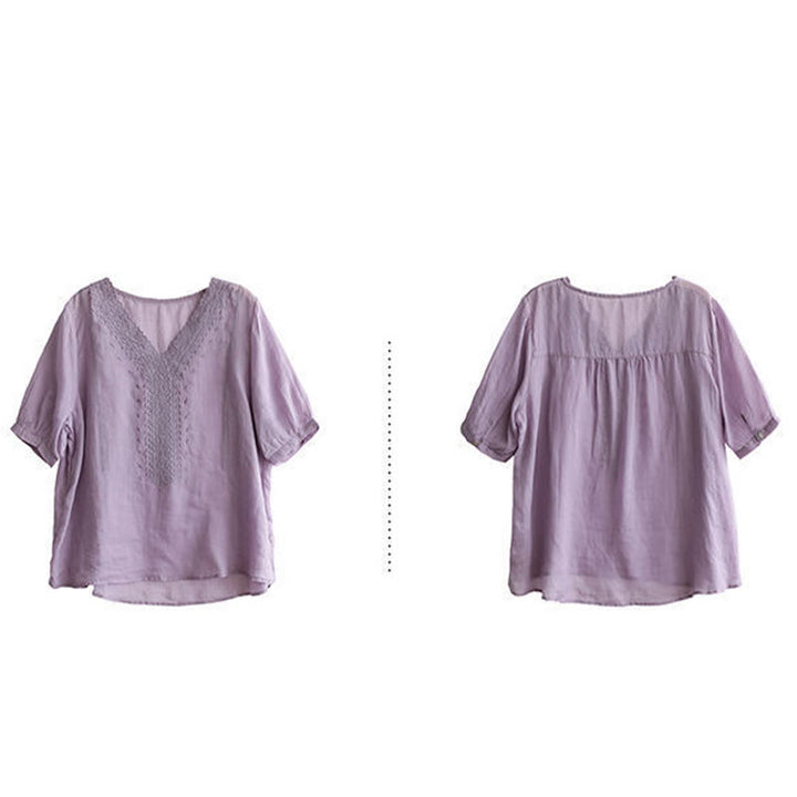 Buddha Stones Letni swobodny haftowany wzór Damska koszulka z dekoltem w serek Półrękaw bawełniany lniany - image 5