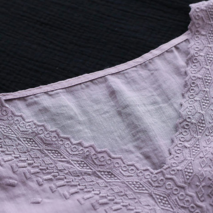 Buddha Stones Letni swobodny haftowany wzór Damska koszulka z dekoltem w serek Półrękaw bawełniany lniany - image 2