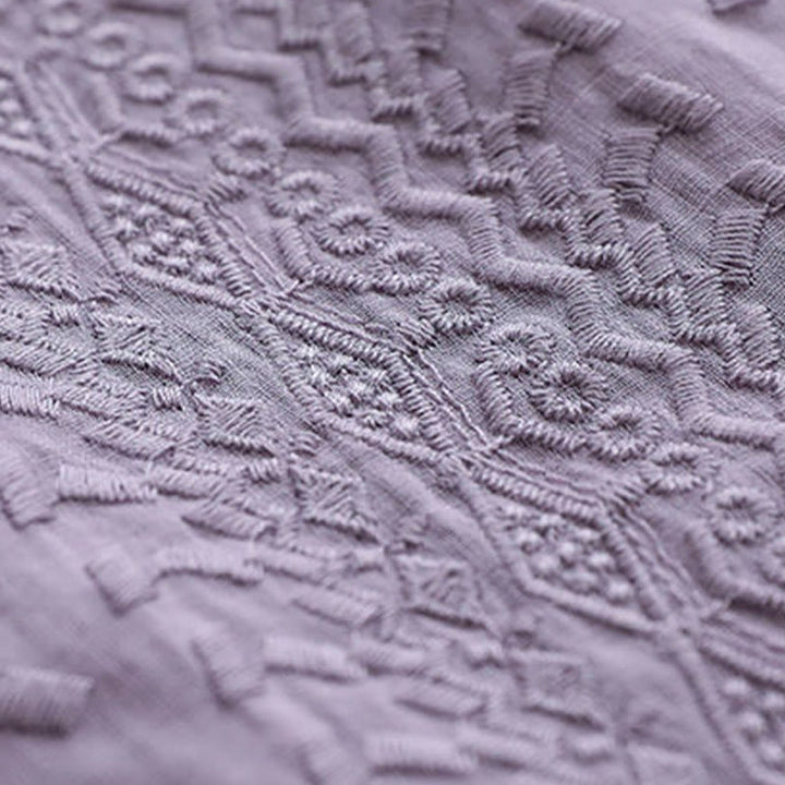 Buddha Stones Letni swobodny haftowany wzór Damska koszulka z dekoltem w serek Półrękaw bawełniany lniany - image 3