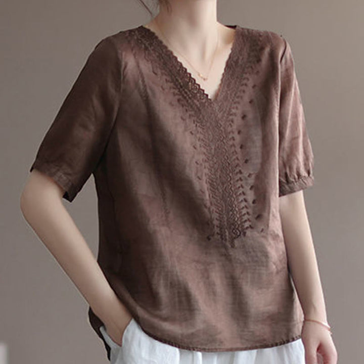 Buddha Stones Letni swobodny haftowany wzór Damska koszulka z dekoltem w serek Półrękaw bawełniany lniany - image 7