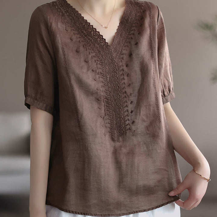 Buddha Stones Letni swobodny haftowany wzór Damska koszulka z dekoltem w serek Półrękaw bawełniany lniany - image 8