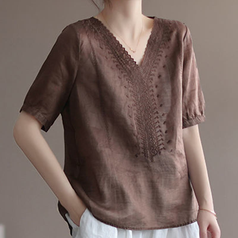 Buddha Stones Letni swobodny haftowany wzór Damska koszulka z dekoltem w serek Półrękaw bawełniany lniany - image 7