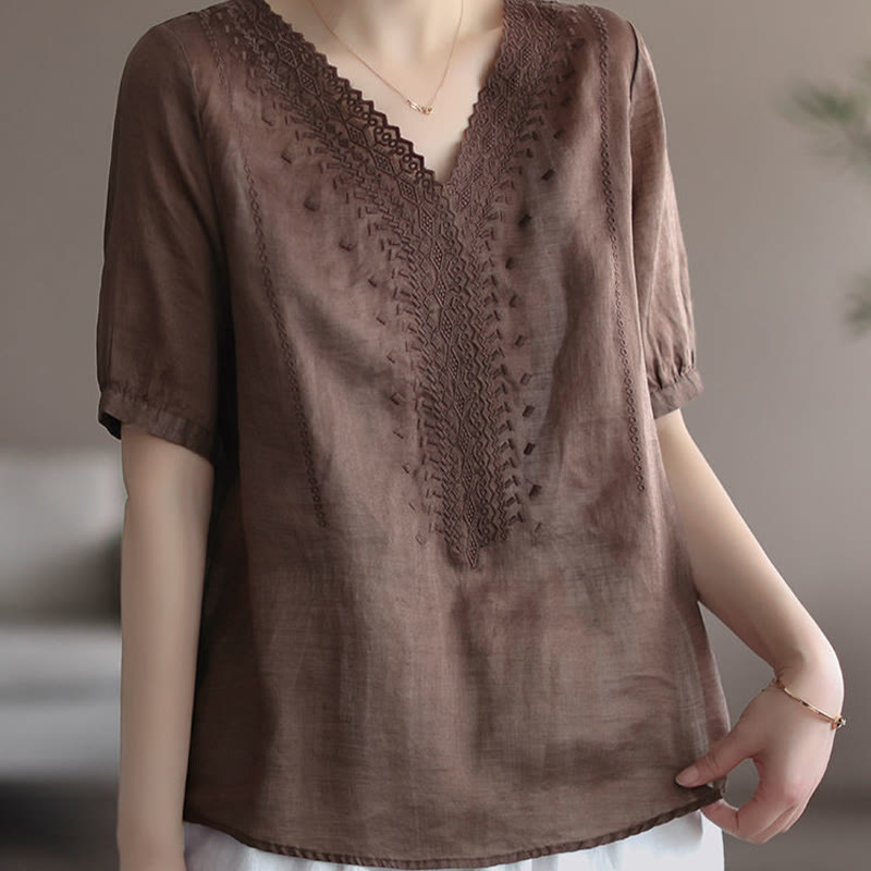 Buddha Stones Letni swobodny haftowany wzór Damska koszulka z dekoltem w serek Półrękaw bawełniany lniany - image 8