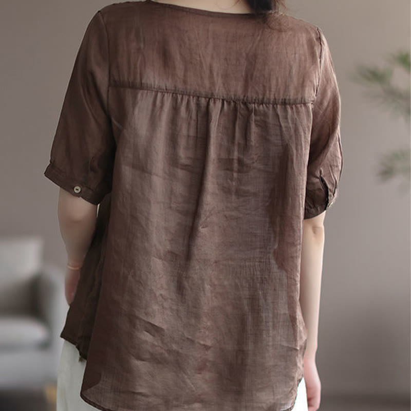 Buddha Stones Letni swobodny haftowany wzór Damska koszulka z dekoltem w serek Półrękaw bawełniany lniany - image 9