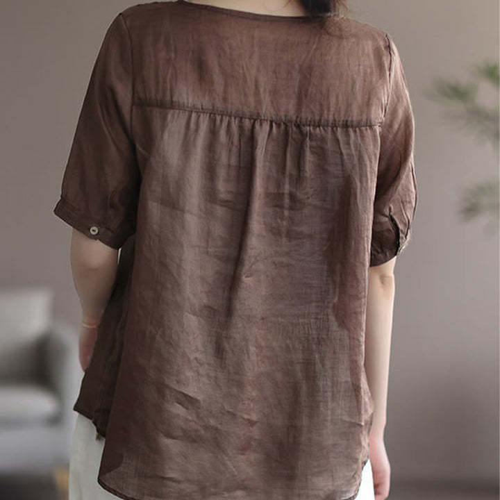 Buddha Stones Letni swobodny haftowany wzór Damska koszulka z dekoltem w serek Półrękaw bawełniany lniany - image 9