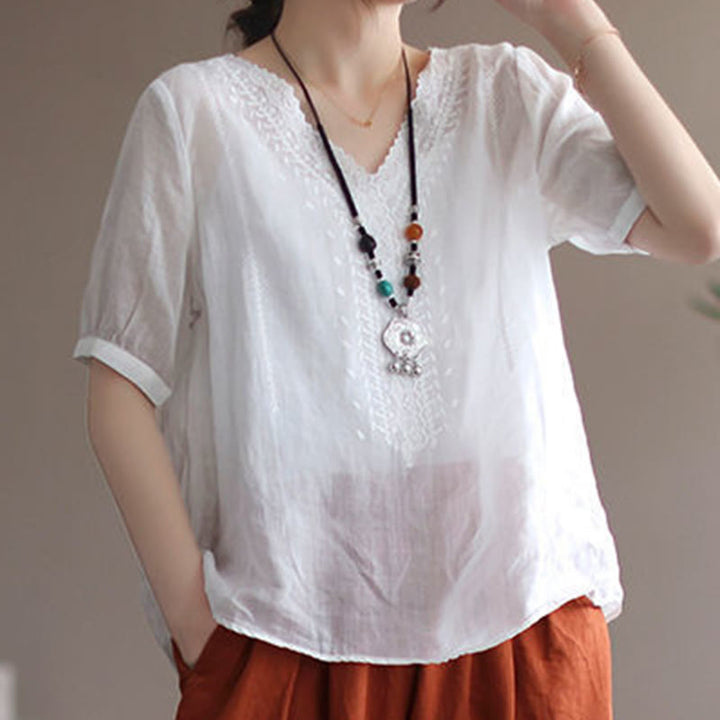 Buddha Stones Letni swobodny haftowany wzór Damska koszulka z dekoltem w serek Półrękaw bawełniany lniany - image 11