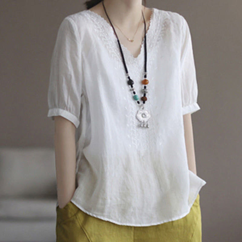 Buddha Stones Letni swobodny haftowany wzór Damska koszulka z dekoltem w serek Półrękaw bawełniany lniany - Biały - US8-10，UK/AU12-14，EU40-42 (2XL) - image 10