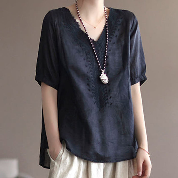 Buddha Stones Letni swobodny haftowany wzór Damska koszulka z dekoltem w serek Półrękaw bawełniany lniany - image 14