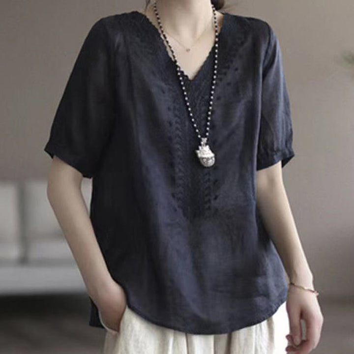 Buddha Stones Letni swobodny haftowany wzór Damska koszulka z dekoltem w serek Półrękaw bawełniany lniany - Czarny - US8-10，UK/AU12-14，EU40-42 (2XL) - image 12