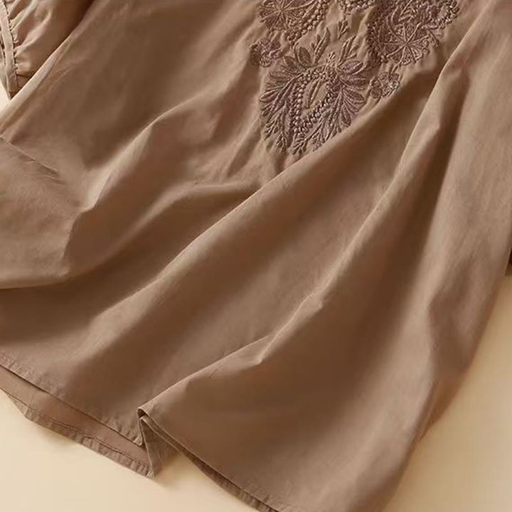 Koszula damska z haftowanym wzorem kwiatowym Buddha Stones Casual z okrągłym dekoltem i krótkim rękawem, wykonana z bawełny i lnu - image 7