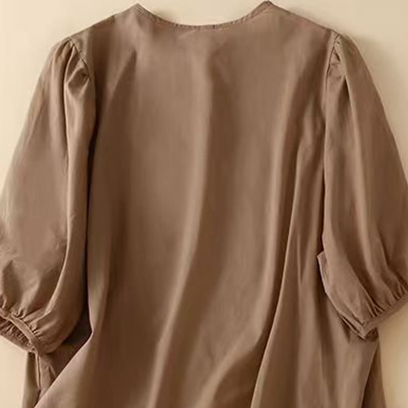 Koszula damska z haftowanym wzorem kwiatowym Buddha Stones Casual z okrągłym dekoltem i krótkim rękawem, wykonana z bawełny i lnu - image 1