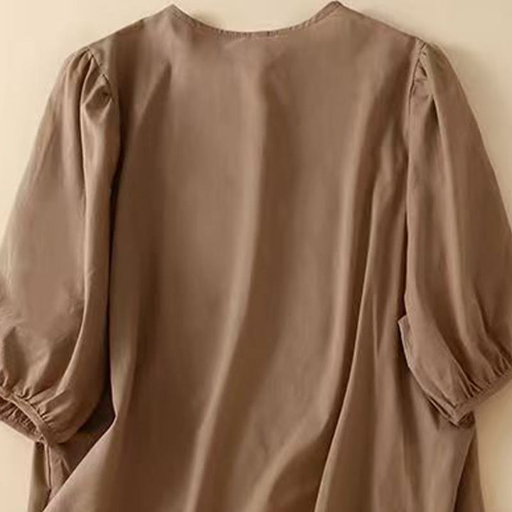 Koszula damska z haftowanym wzorem kwiatowym Buddha Stones Casual z okrągłym dekoltem i krótkim rękawem, wykonana z bawełny i lnu - image 1