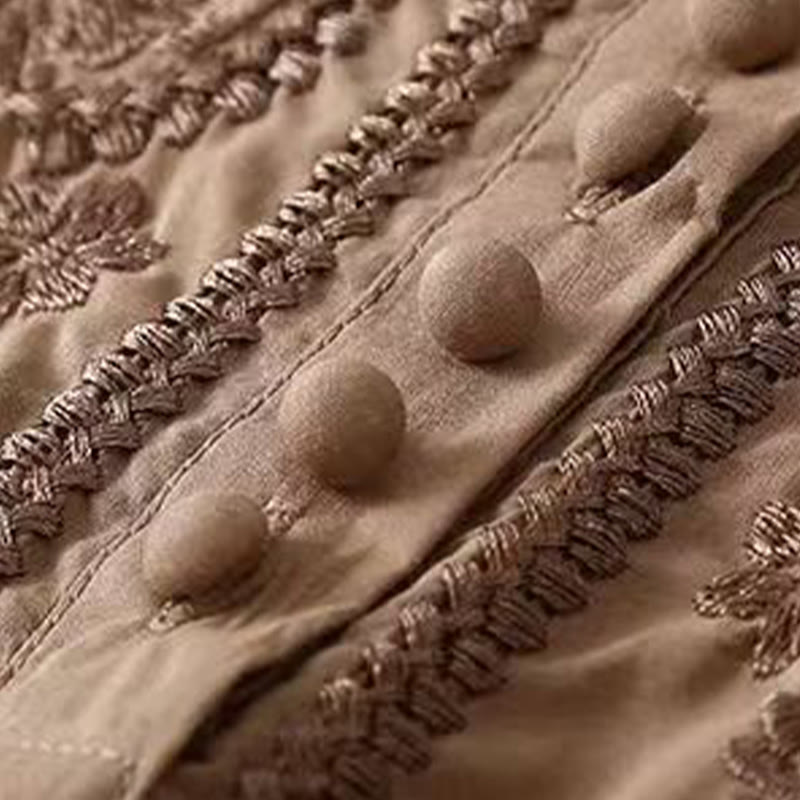 Koszula damska z haftowanym wzorem kwiatowym Buddha Stones Casual z okrągłym dekoltem i krótkim rękawem, wykonana z bawełny i lnu - image 5