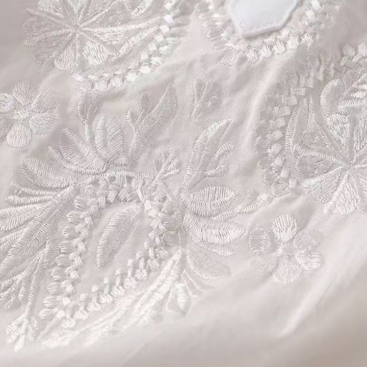 Koszula damska z haftowanym wzorem kwiatowym Buddha Stones Casual z okrągłym dekoltem i krótkim rękawem, wykonana z bawełny i lnu - image 12