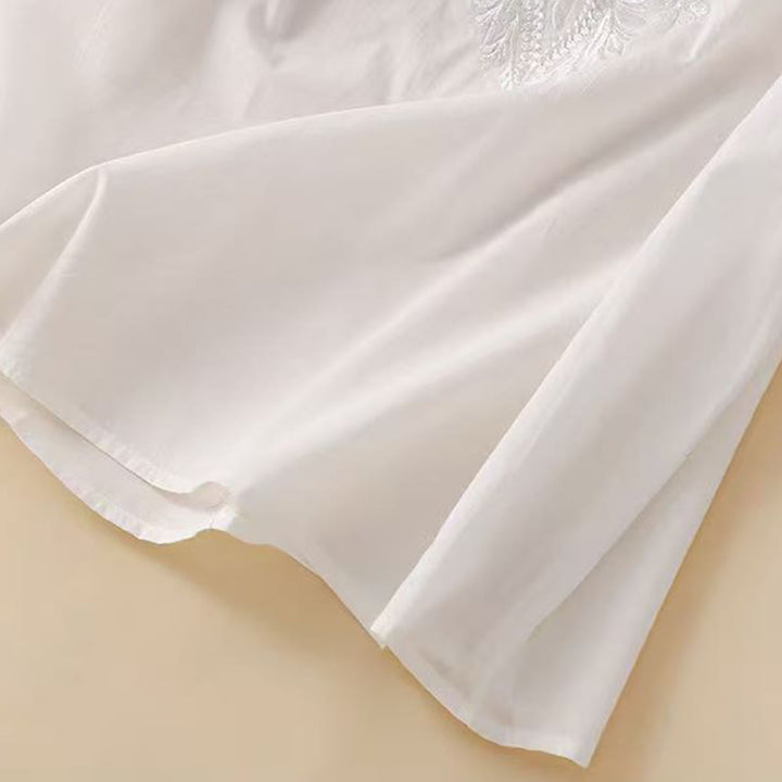 Koszula damska z haftowanym wzorem kwiatowym Buddha Stones Casual z okrągłym dekoltem i krótkim rękawem, wykonana z bawełny i lnu - image 11