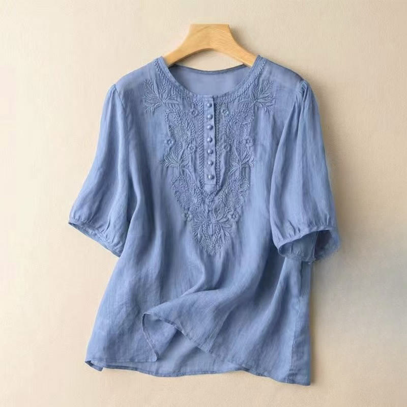 Koszula damska z haftowanym wzorem kwiatowym Buddha Stones Casual z okrągłym dekoltem i krótkim rękawem, wykonana z bawełny i lnu - Chaber niebieski - US8-10，UK/AU12-14，EU40-42 (2XL) - image 17