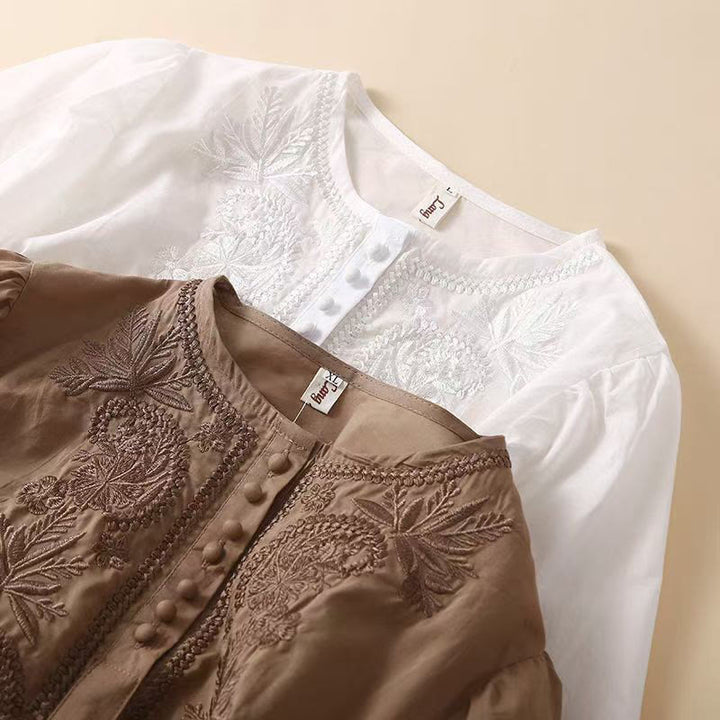 Koszula damska z haftowanym wzorem kwiatowym Buddha Stones Casual z okrągłym dekoltem i krótkim rękawem, wykonana z bawełny i lnu - image 15