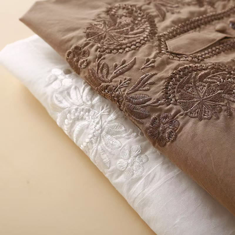 Koszula damska z haftowanym wzorem kwiatowym Buddha Stones Casual z okrągłym dekoltem i krótkim rękawem, wykonana z bawełny i lnu - image 16