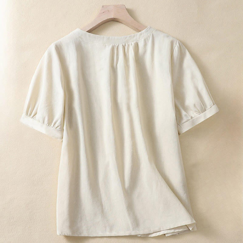 Koszula damska Buddha Stones Casual z okrągłym dekoltem i guzikami, z krótkim rękawem, z bawełny i lnu - image 1