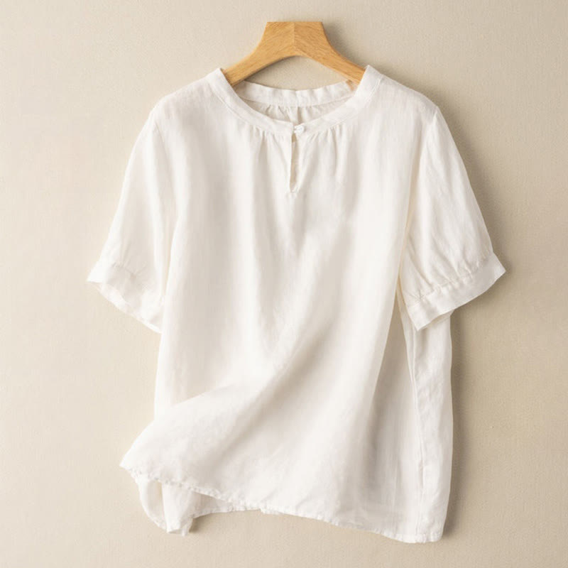 Koszula damska Buddha Stones Casual z okrągłym dekoltem i guzikami, z krótkim rękawem, z bawełny i lnu - Śnieg - US8-10，UK/AU12-14，EU40-42 (2XL) - image 2