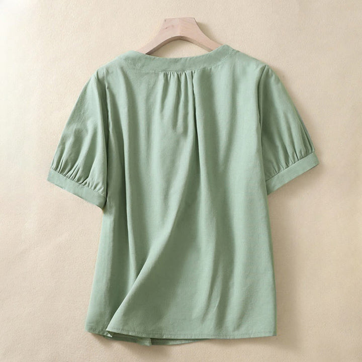 Koszula damska Buddha Stones Casual z okrągłym dekoltem i guzikami, z krótkim rękawem, z bawełny i lnu - DarkSeaGreen - US8-10，UK/AU12-14，EU40-42 (2XL) - image 4