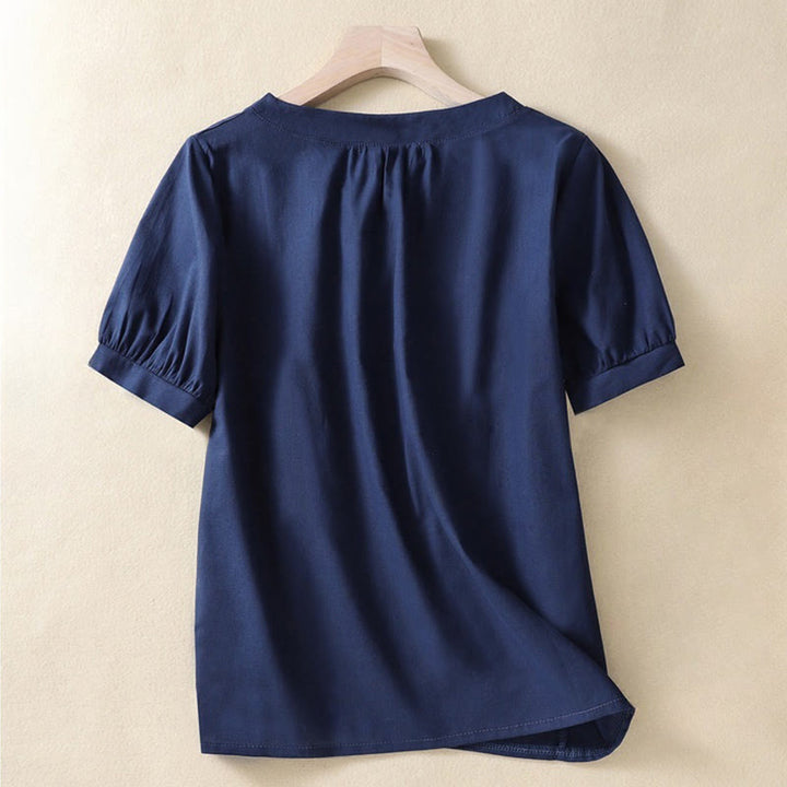 Koszula damska Buddha Stones Casual z okrągłym dekoltem i guzikami, z krótkim rękawem, z bawełny i lnu - image 7