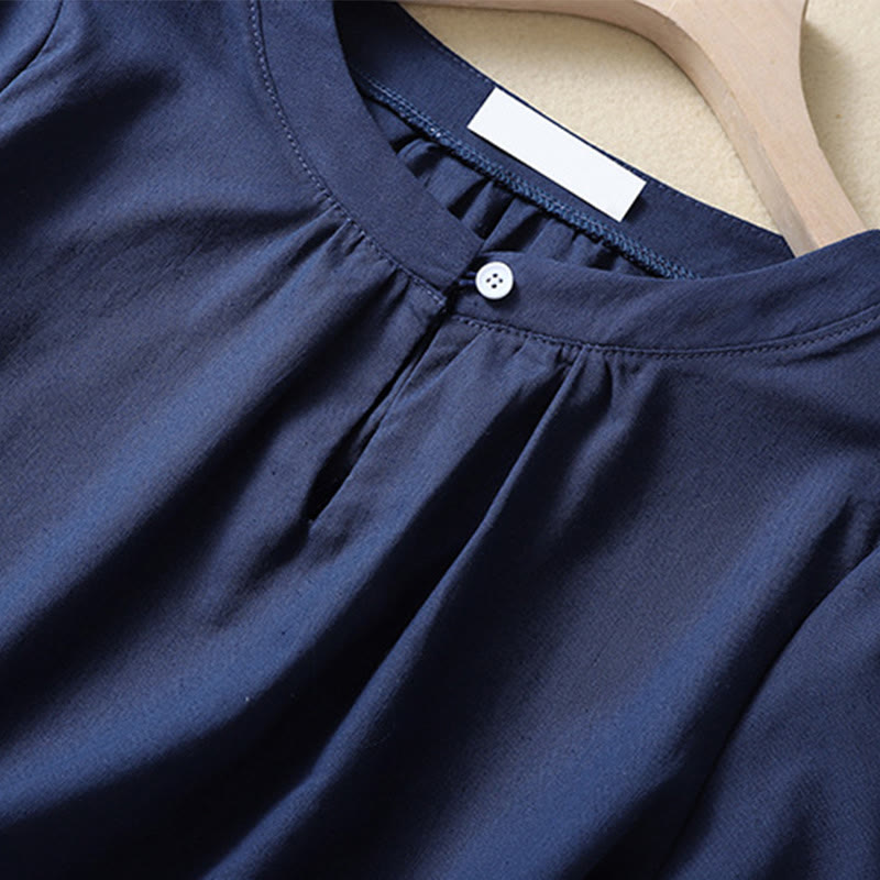 Koszula damska Buddha Stones Casual z okrągłym dekoltem i guzikami, z krótkim rękawem, z bawełny i lnu - image 8