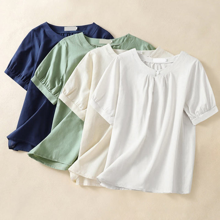 Koszula damska Buddha Stones Casual z okrągłym dekoltem i guzikami, z krótkim rękawem, z bawełny i lnu - image 10