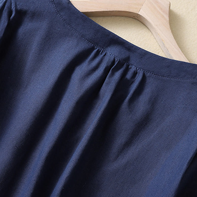 Koszula damska Buddha Stones Casual z okrągłym dekoltem i guzikami, z krótkim rękawem, z bawełny i lnu - image 9