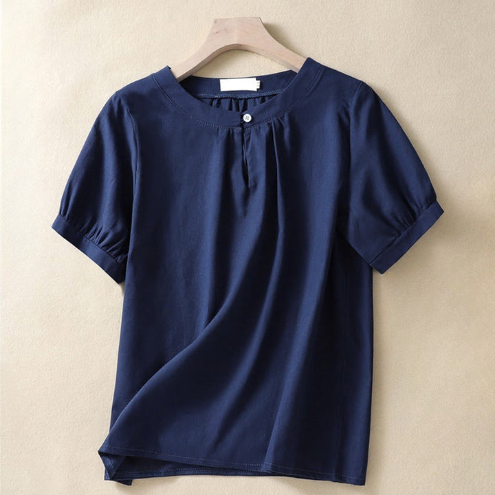 Koszula damska Buddha Stones Casual z okrągłym dekoltem i guzikami, z krótkim rękawem, z bawełny i lnu - Marynarka wojenna - US8-10，UK/AU12-14，EU40-42 (2XL) - image 6