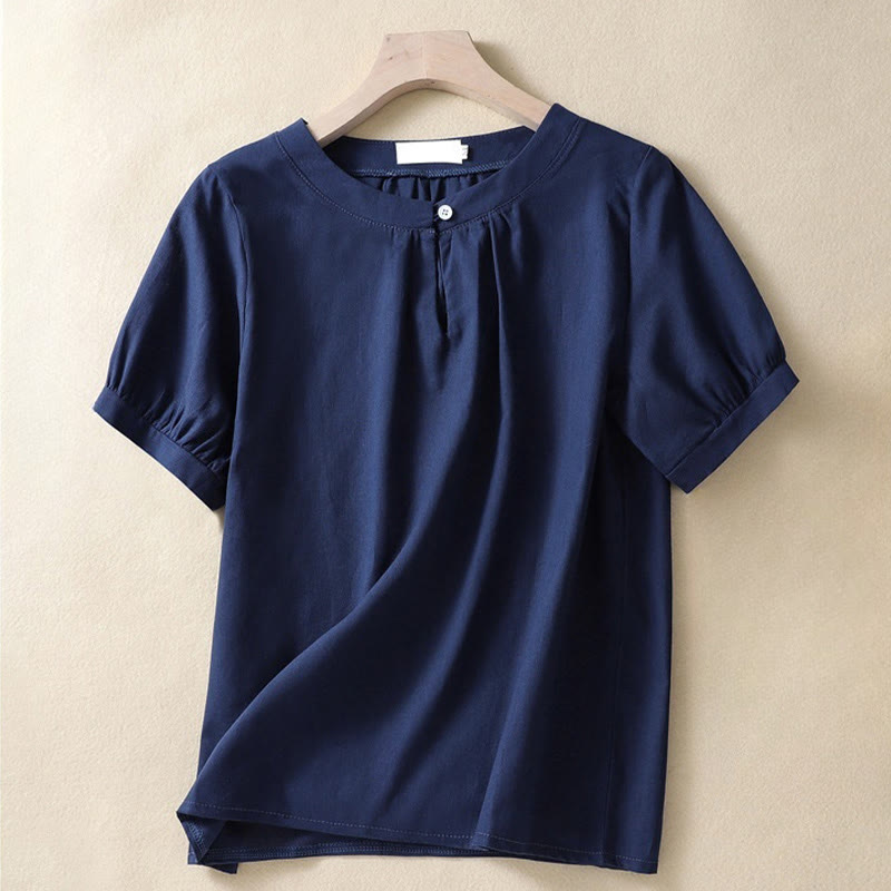 Koszula damska Buddha Stones Casual z okrągłym dekoltem i guzikami, z krótkim rękawem, z bawełny i lnu - Marynarka wojenna - US8-10，UK/AU12-14，EU40-42 (2XL) - image 6