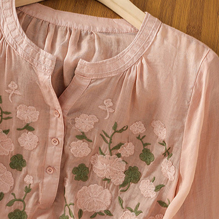Buddha Stones Casual Kobiety Kwiaty Zielone Liście Haft Wzór Dekolt w Serek Projekt Pół Rękaw Bawełna Lniana Koszula - image 2