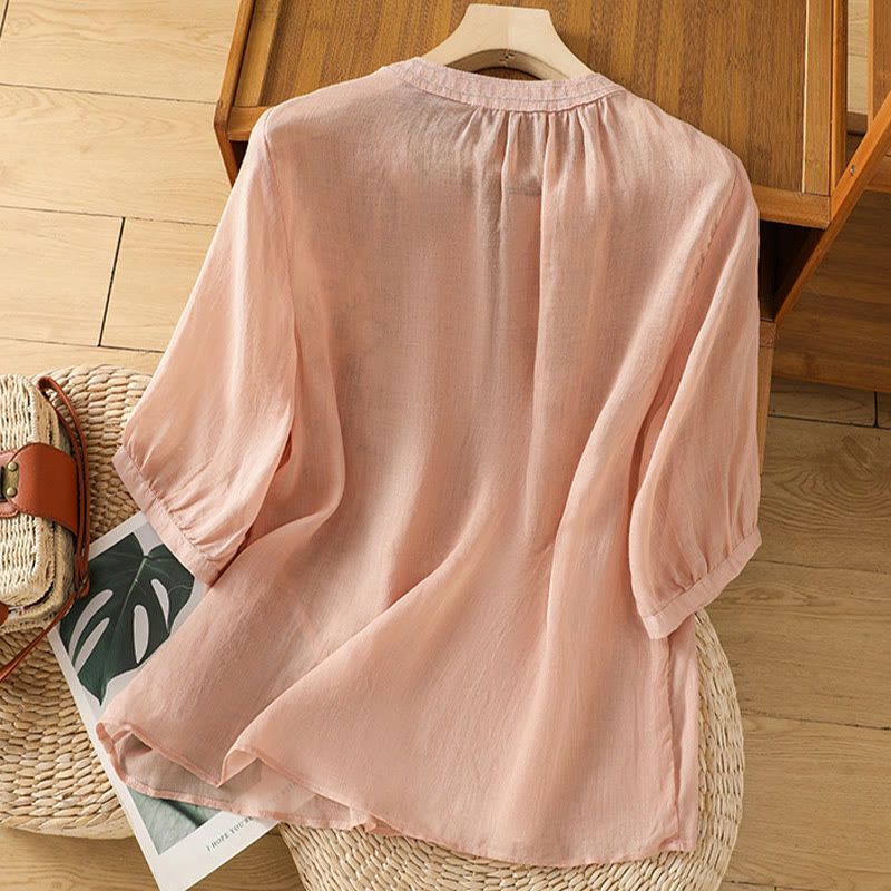 Buddha Stones Casual Kobiety Kwiaty Zielone Liście Haft Wzór Dekolt w Serek Projekt Pół Rękaw Bawełna Lniana Koszula - image 4